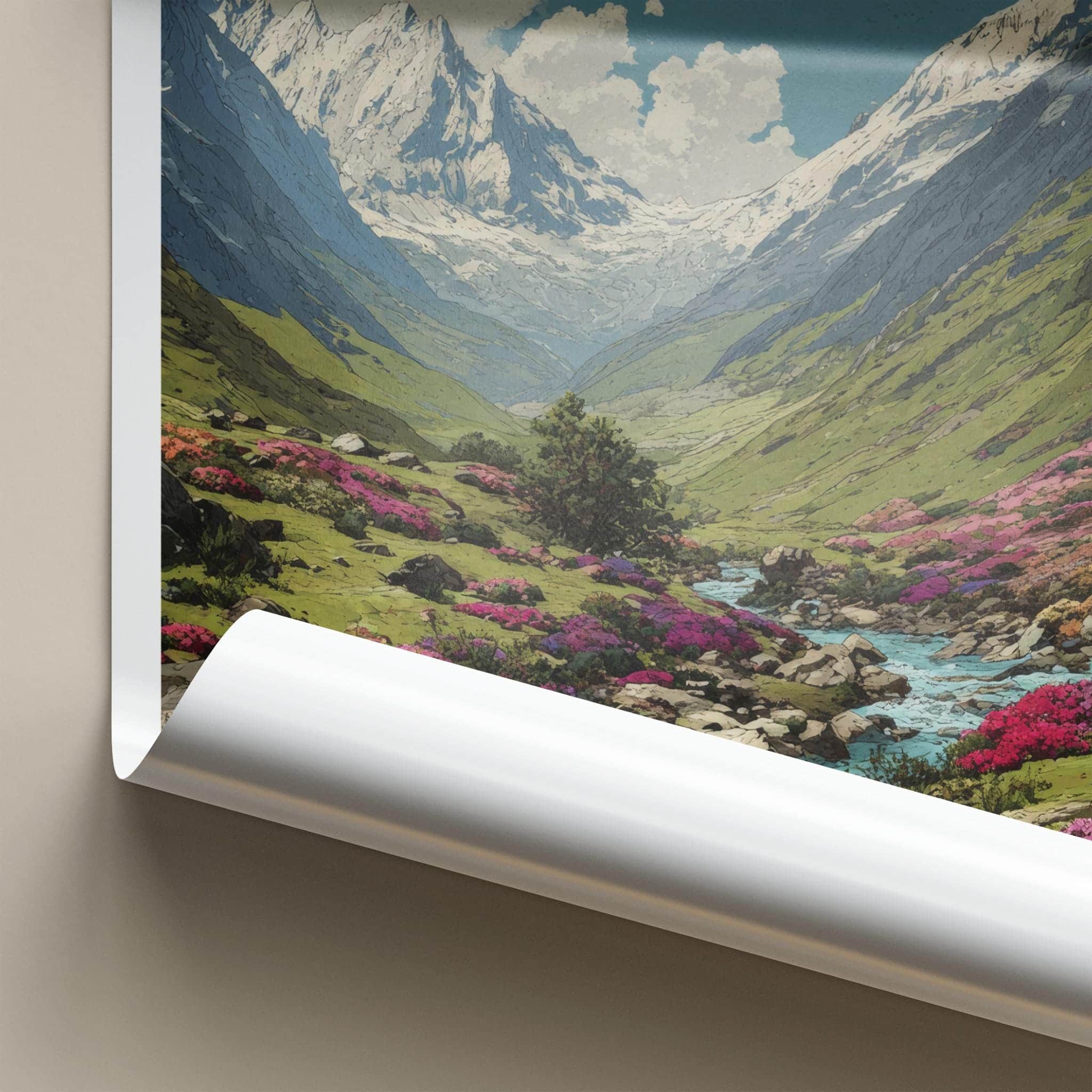 Bhyundar Poster - India Travel Art - Uttarakhand Valley Flowers Home Decor