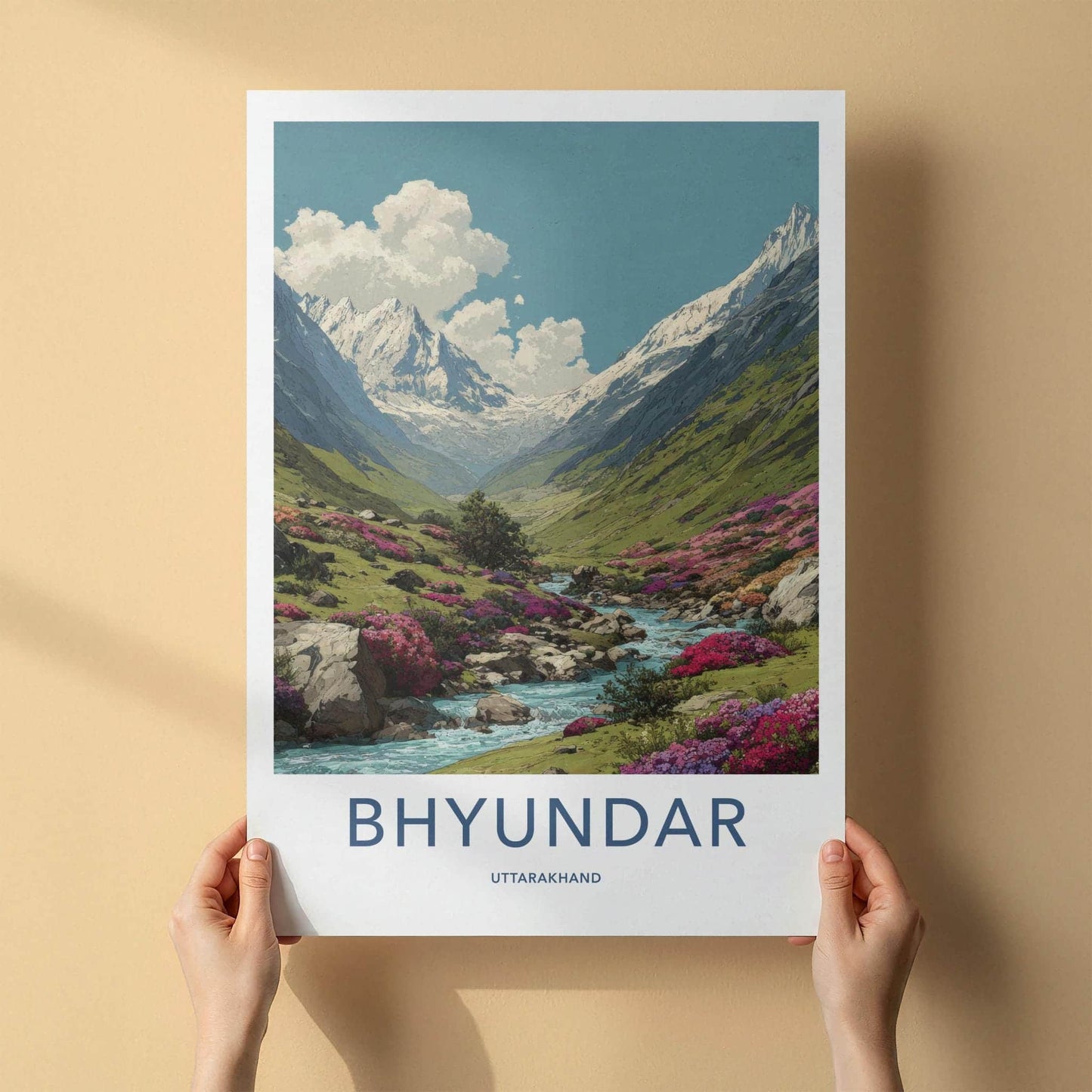 Bhyundar Poster - India Travel Art - Uttarakhand Valley Flowers Home Decor