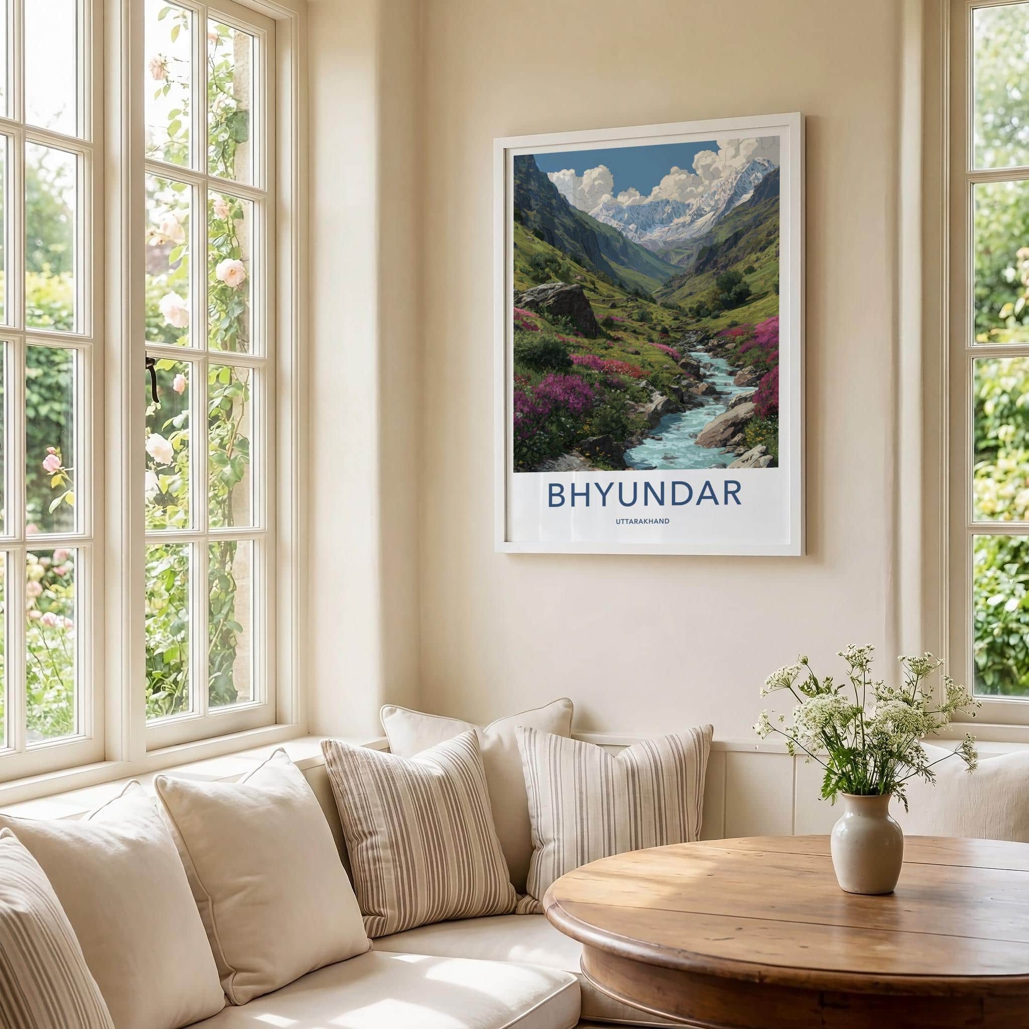 Bhyundar Poster - India Travel Art - Uttarakhand Valley Stream Peaks Wall Decor