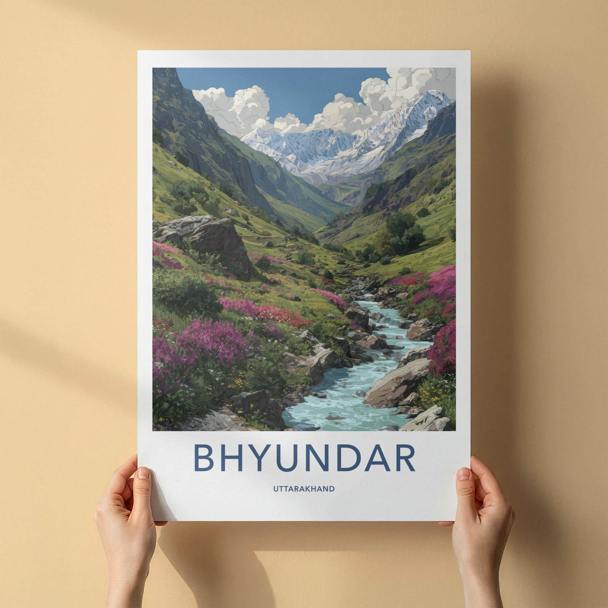 Bhyundar Poster - India Travel Art - Uttarakhand Valley Stream Peaks Wall Decor