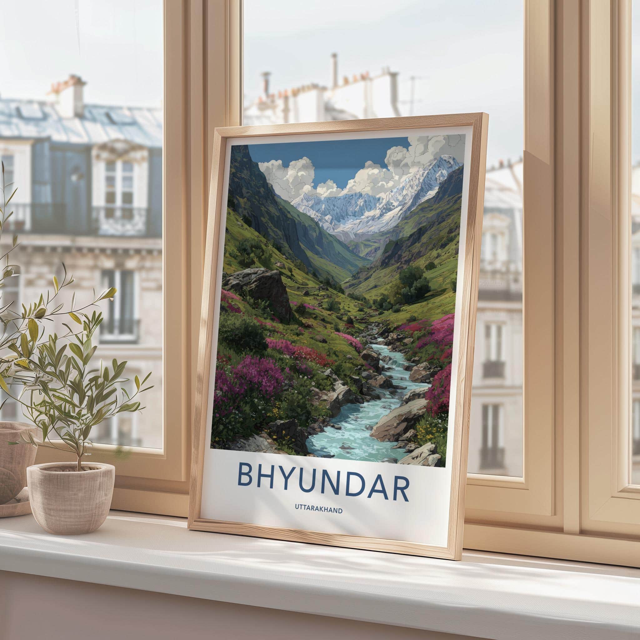 Bhyundar Poster - India Travel Art - Uttarakhand Valley Stream Peaks Wall Decor