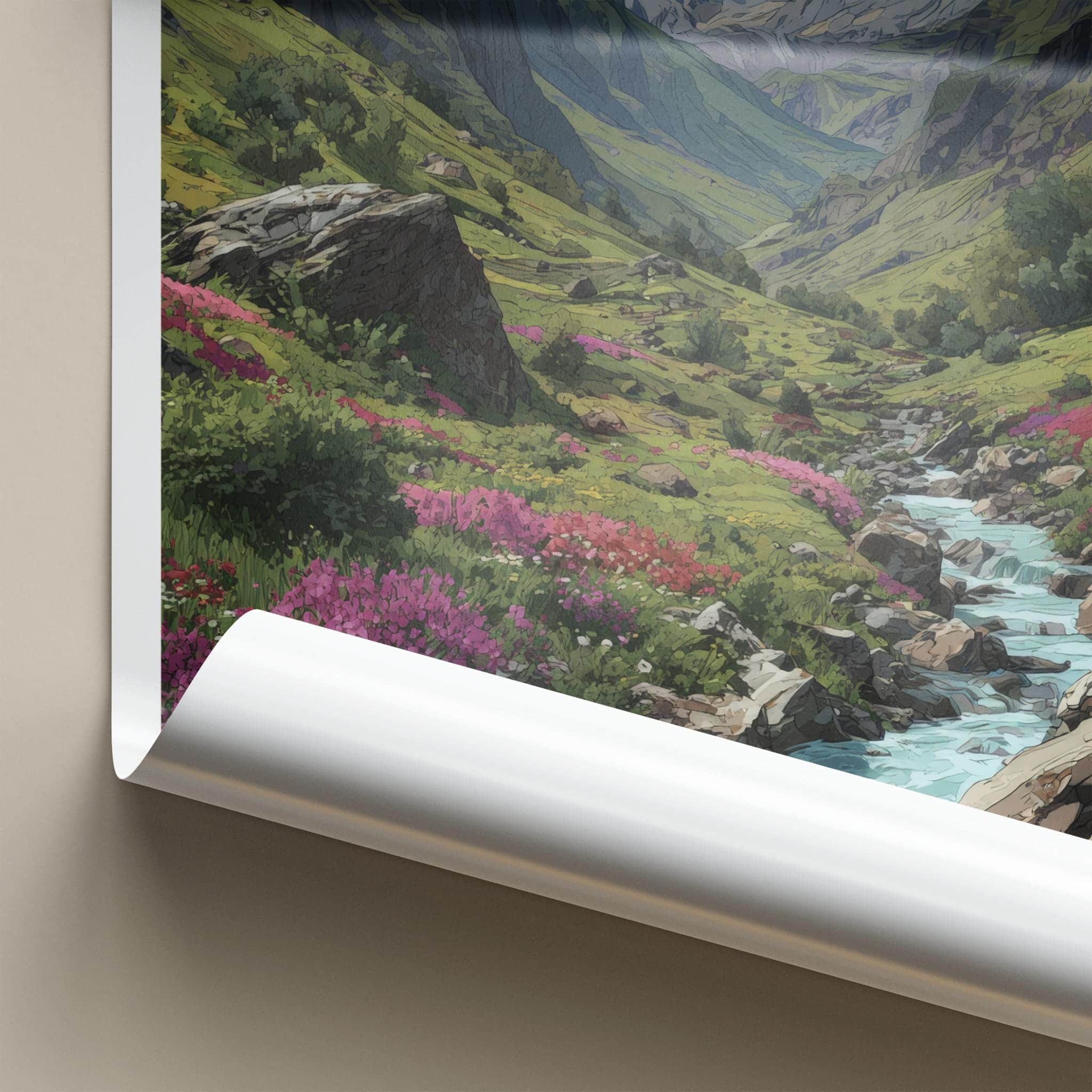 Bhyundar Poster - India Travel Art - Uttarakhand Valley Stream Peaks Wall Decor