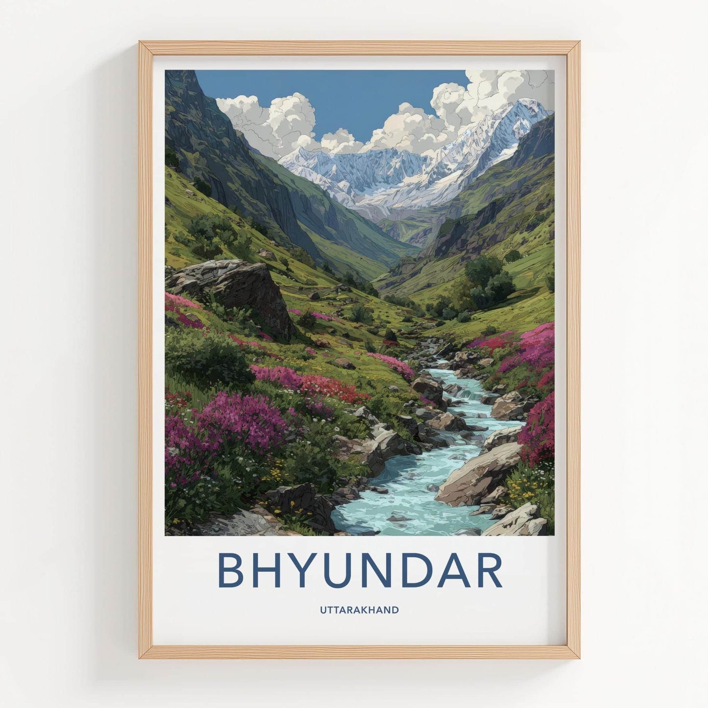 Bhyundar Poster - India Travel Art - Uttarakhand Valley Stream Peaks Wall Decor