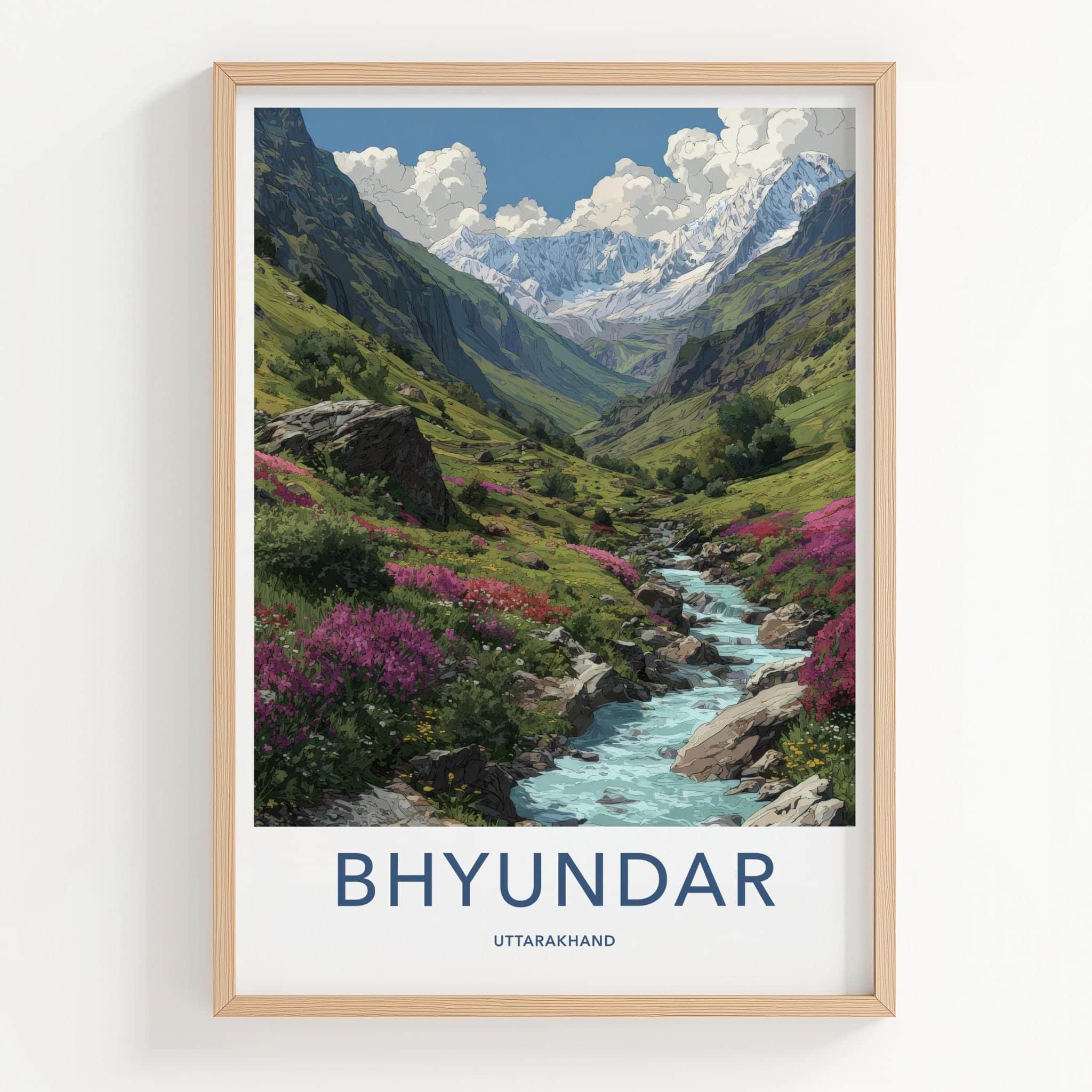 Bhyundar Poster - India Travel Art - Uttarakhand Valley Stream Peaks Wall Decor