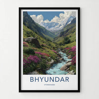 Bhyundar Poster - India Travel Art - Uttarakhand Valley Stream Peaks Wall Decor