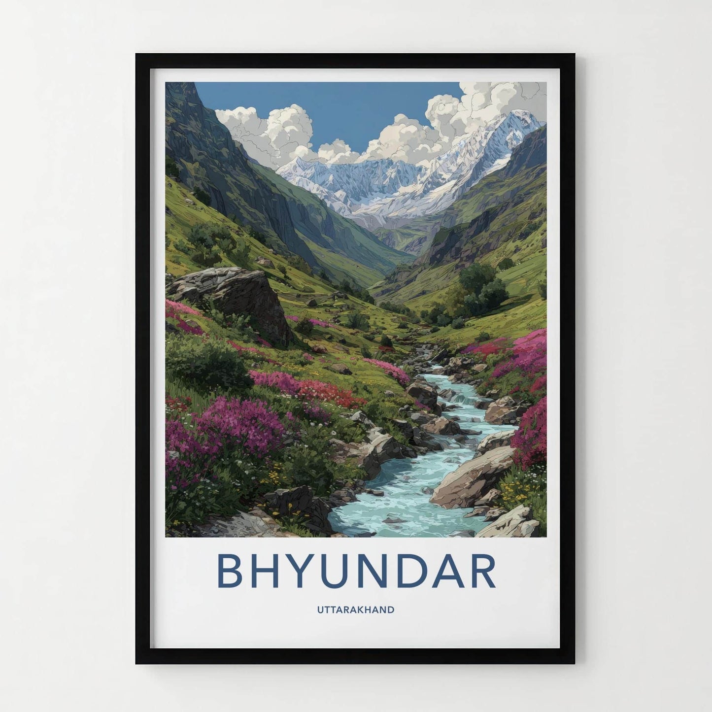 Bhyundar Poster - India Travel Art - Uttarakhand Valley Stream Peaks Wall Decor