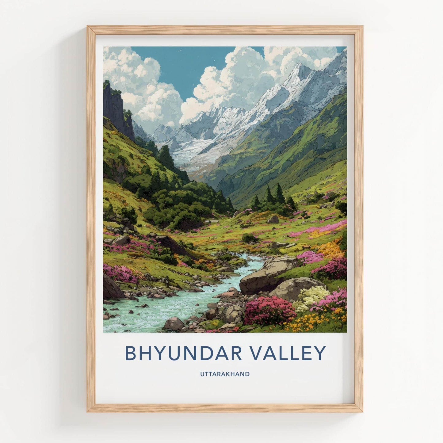 Bhyundar Valley Poster - India Travel Art - Uttarakhand Vibrant Mountain Valley Home Decor