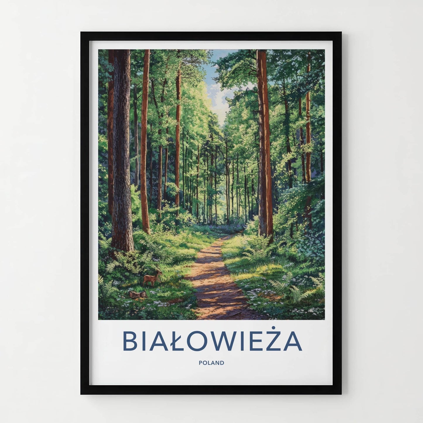 Bialowieza Poster - Poland Travel Art - Sunlit Forest Deer Home Decor