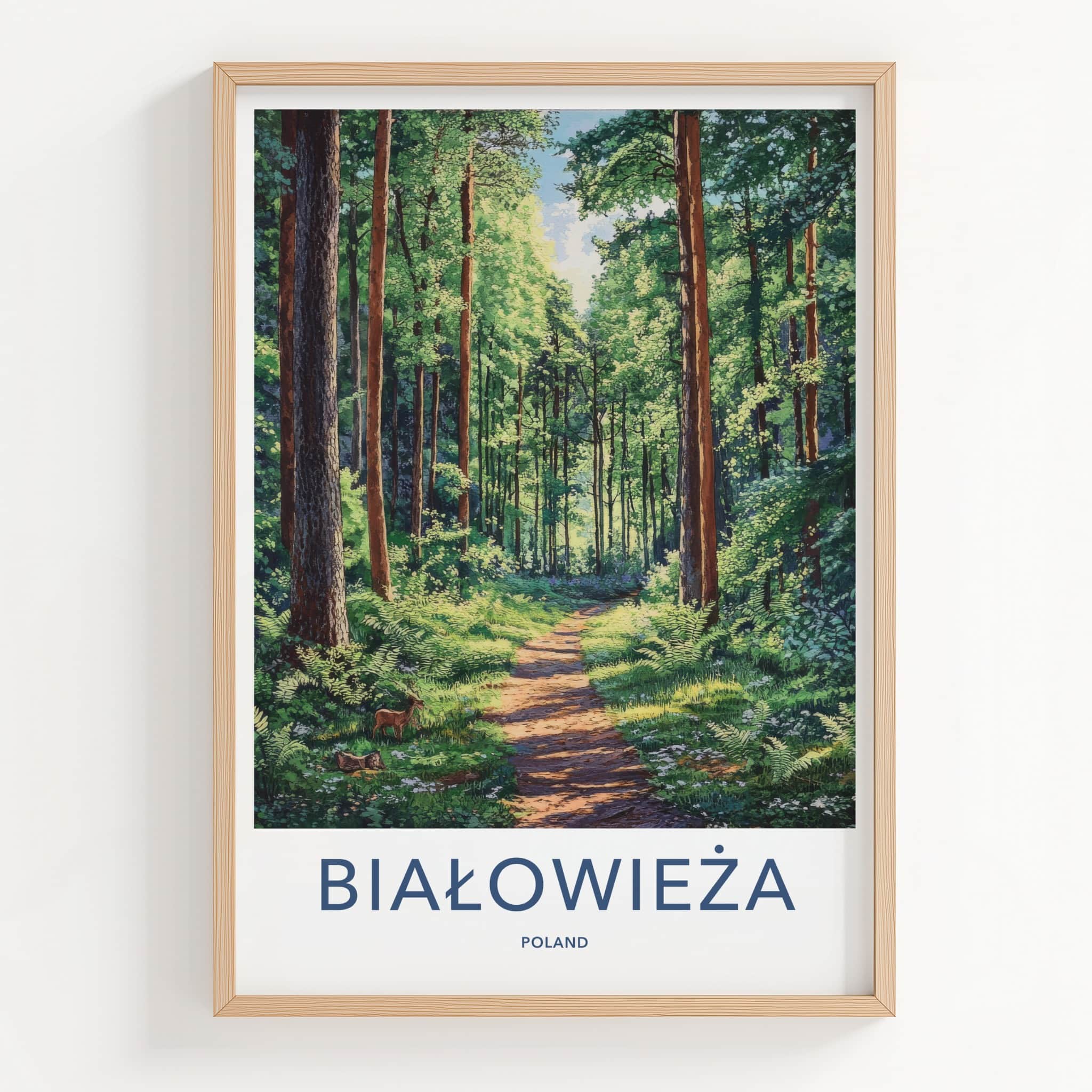 Bialowieza Poster - Poland Travel Art - Sunlit Forest Deer Home Decor