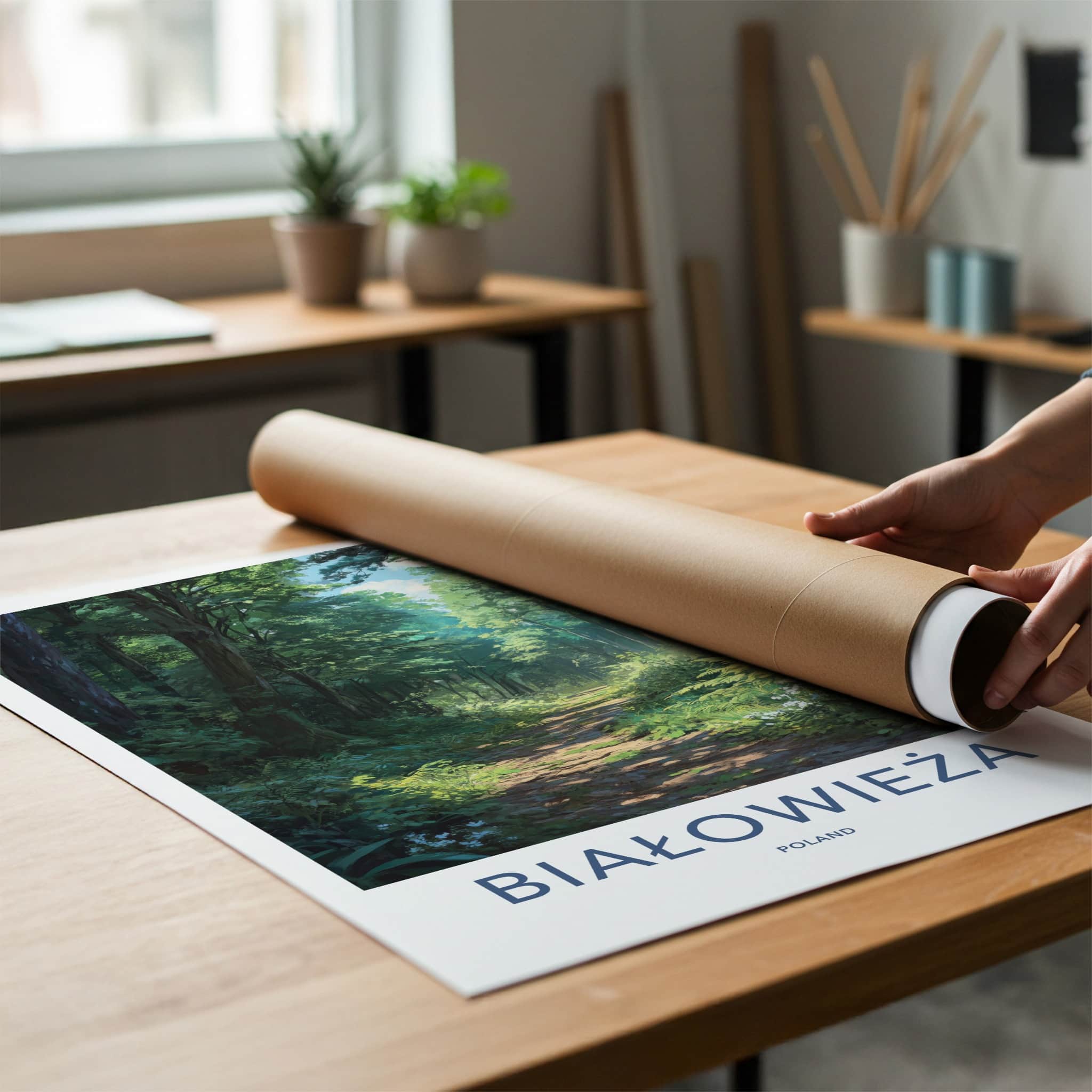 Bialowieza Poster - Poland Travel Art - Sunlit Forest Path Home Decor