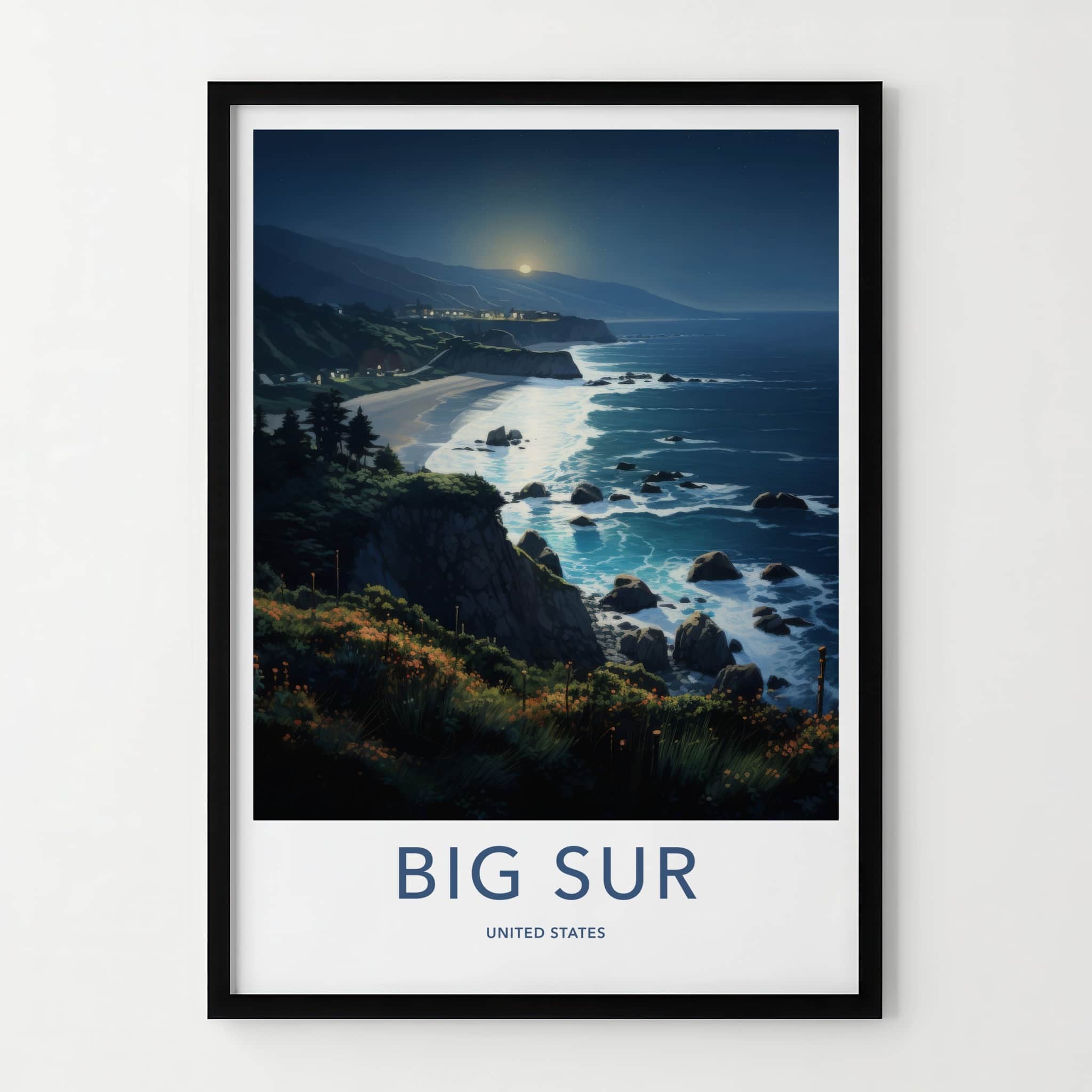 Big Sur Poster - California Travel Art - Moonlit Ocean Waves Wall Decor