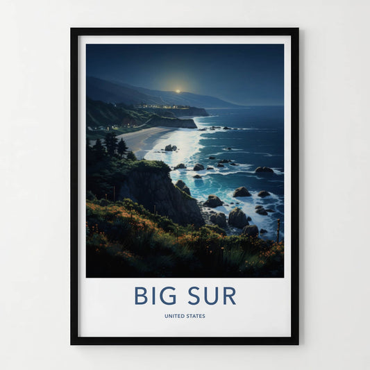 Big Sur Poster - California Travel Art - Moonlit Ocean Waves Wall Decor