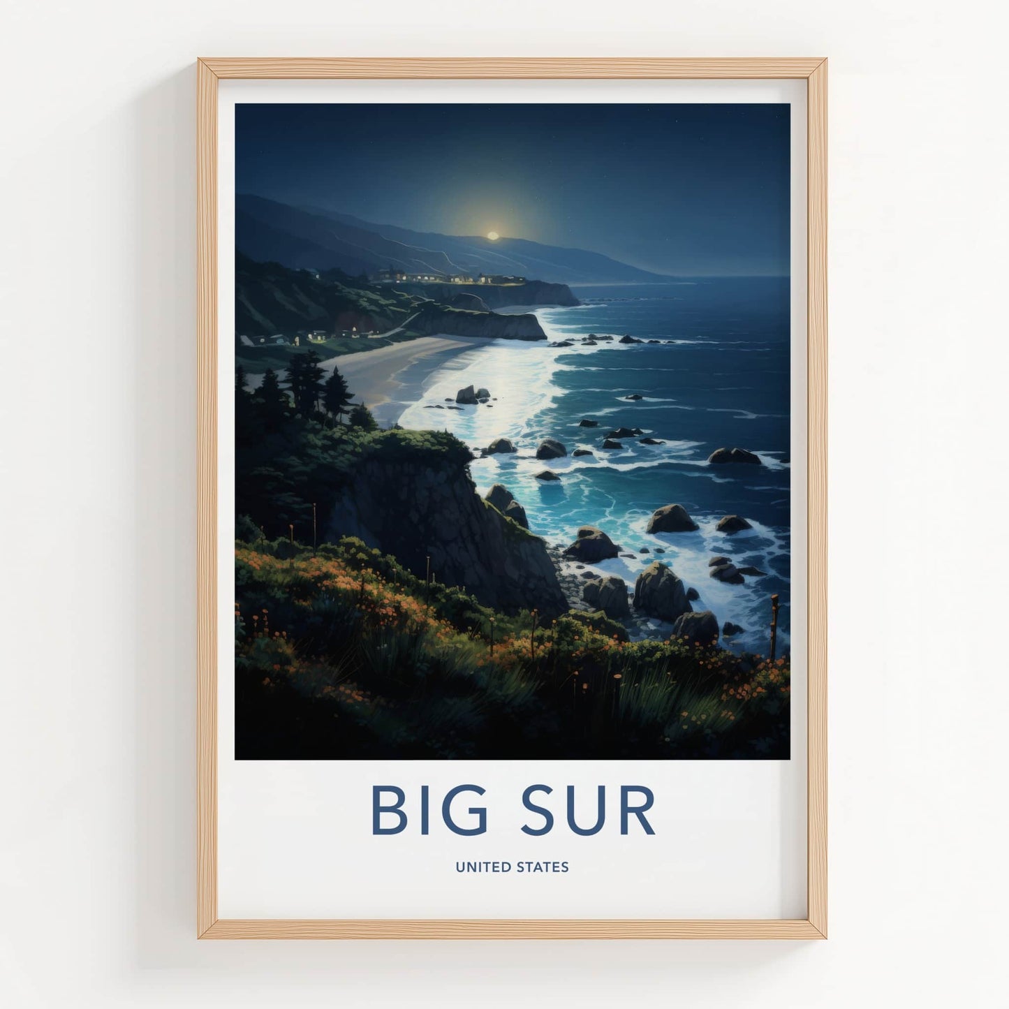 Big Sur Poster - California Travel Art - Moonlit Ocean Waves Wall Decor