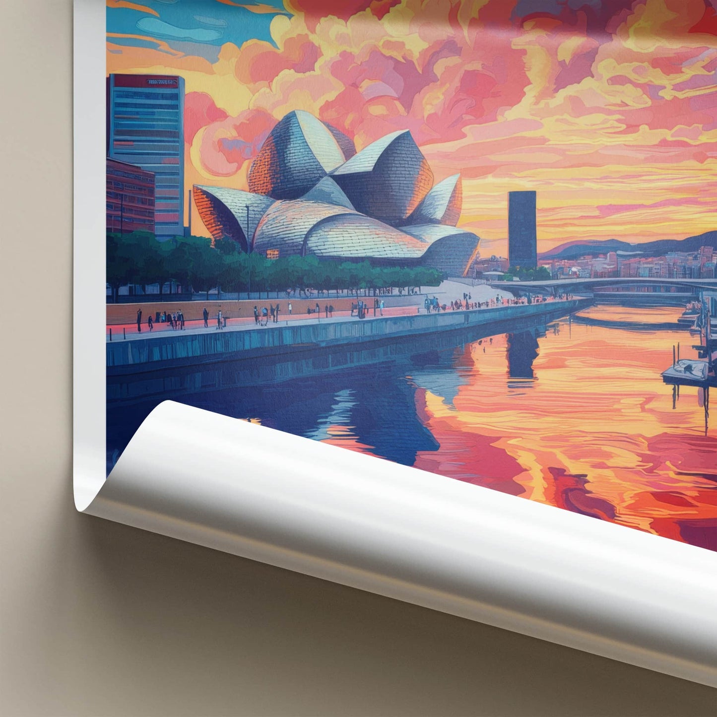 Bilbao Poster - Spain Travel Art - Guggenheim River Sunset Home Decor