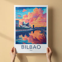Bilbao Poster - Spain Travel Art - Guggenheim River Sunset Home Decor