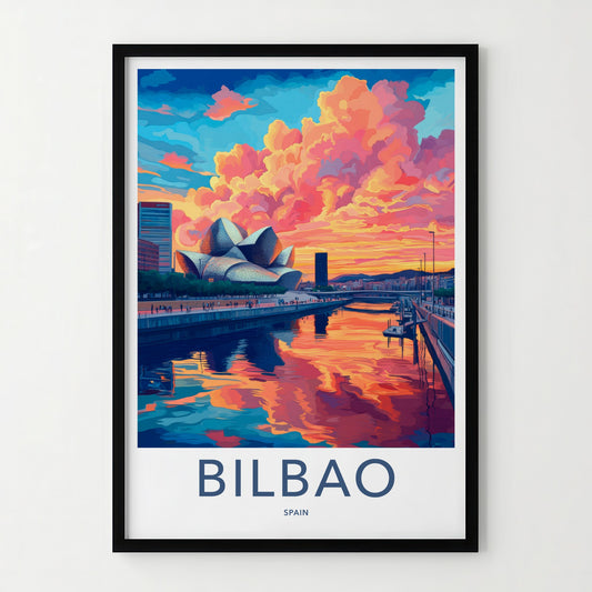 Bilbao Poster - Spain Travel Art - Guggenheim River Sunset Home Decor