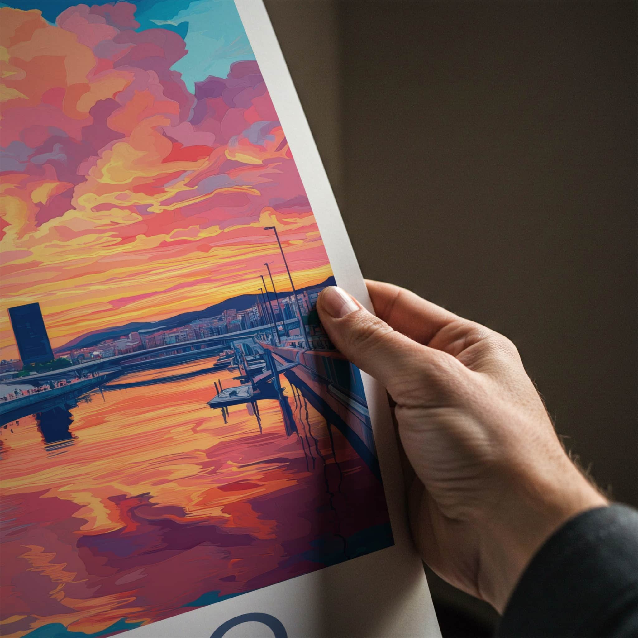 Bilbao Poster - Spain Travel Art - Guggenheim River Sunset Home Decor