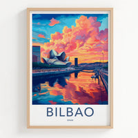 Bilbao Poster - Spain Travel Art - Guggenheim River Sunset Home Decor