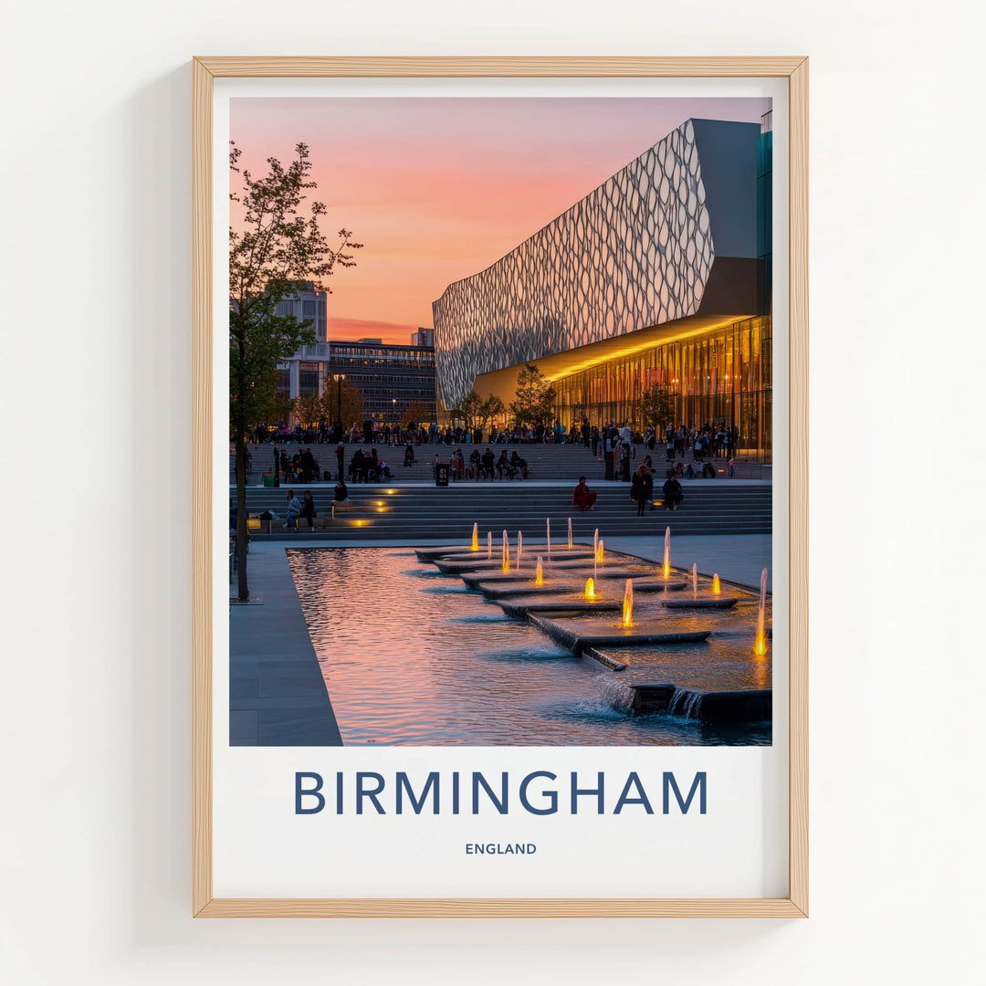 Birmingham Poster - England Travel Art - Sunset Illuminated Fountains Home Decor