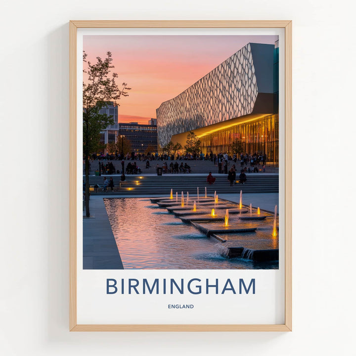 Birmingham Poster - England Travel Art - Sunset Illuminated Fountains Home Decor
