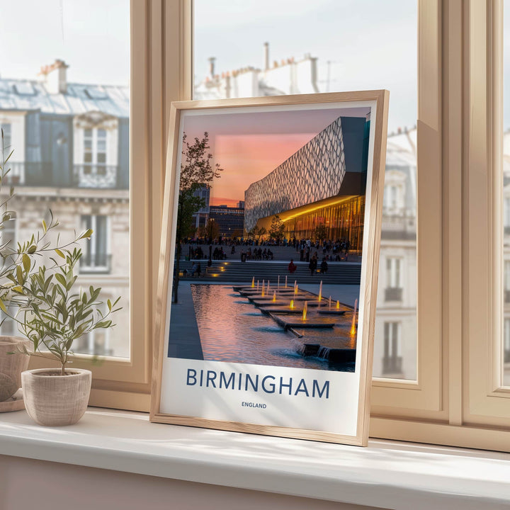 Birmingham Poster - England Travel Art - Sunset Illuminated Fountains Home Decor