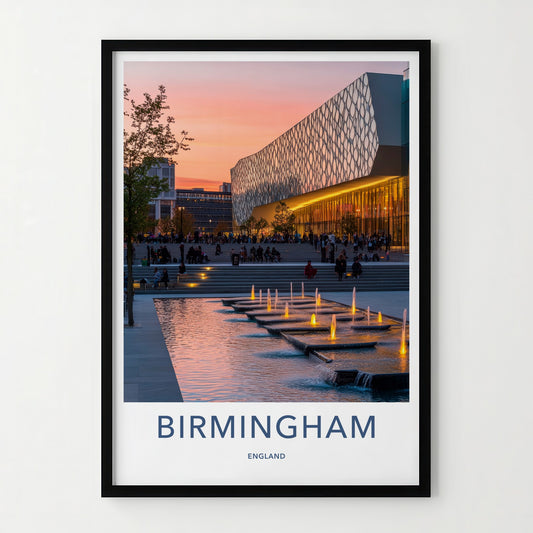 Birmingham Poster - England Travel Art - Sunset Illuminated Fountains Home Decor