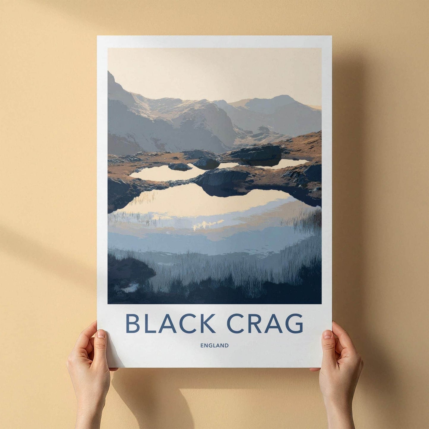 Black Crag Poster - England Travel Art - Mountain Tarn Reflections Wall Decor
