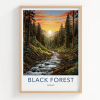 Black Forest Poster - Germany Travel Art - Forest River Sunset Home Decor