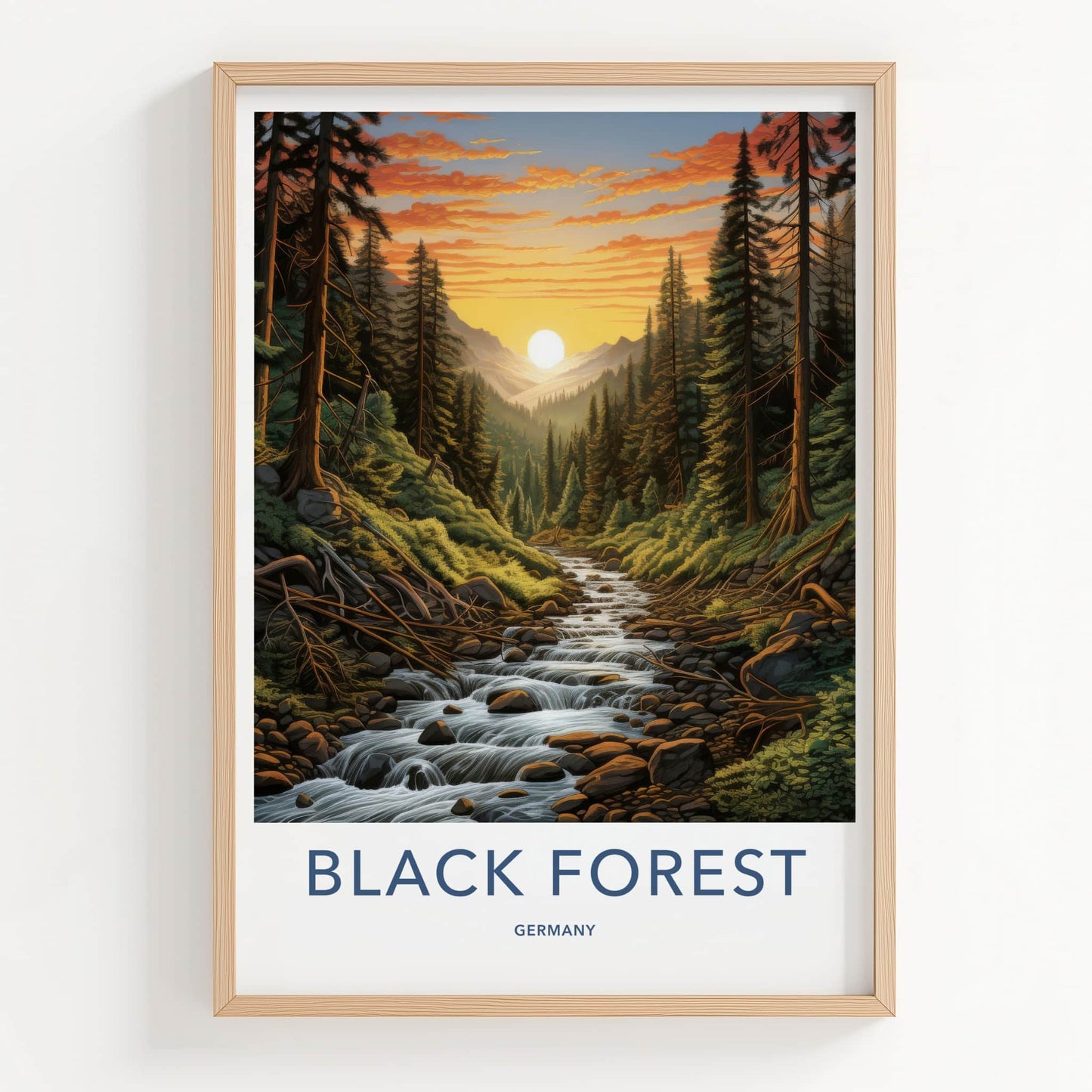 Black Forest Poster - Germany Travel Art - Forest River Sunset Home Decor