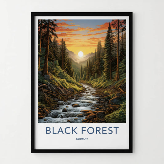 Black Forest Poster - Germany Travel Art - Forest River Sunset Home Decor