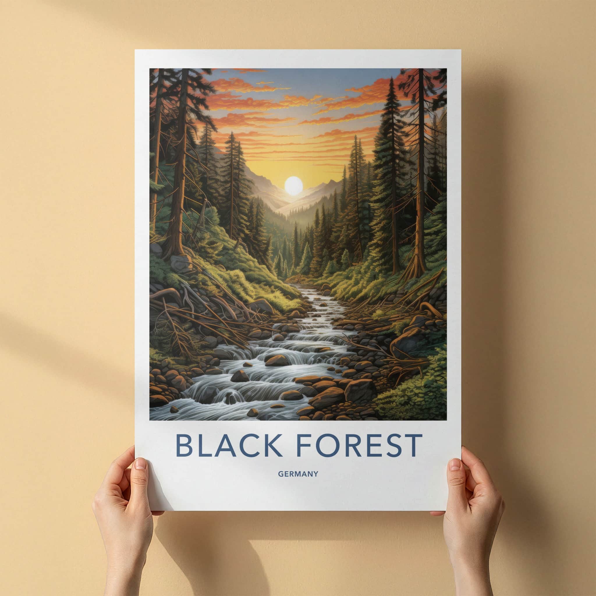 Black Forest Poster - Germany Travel Art - Forest River Sunset Home Decor