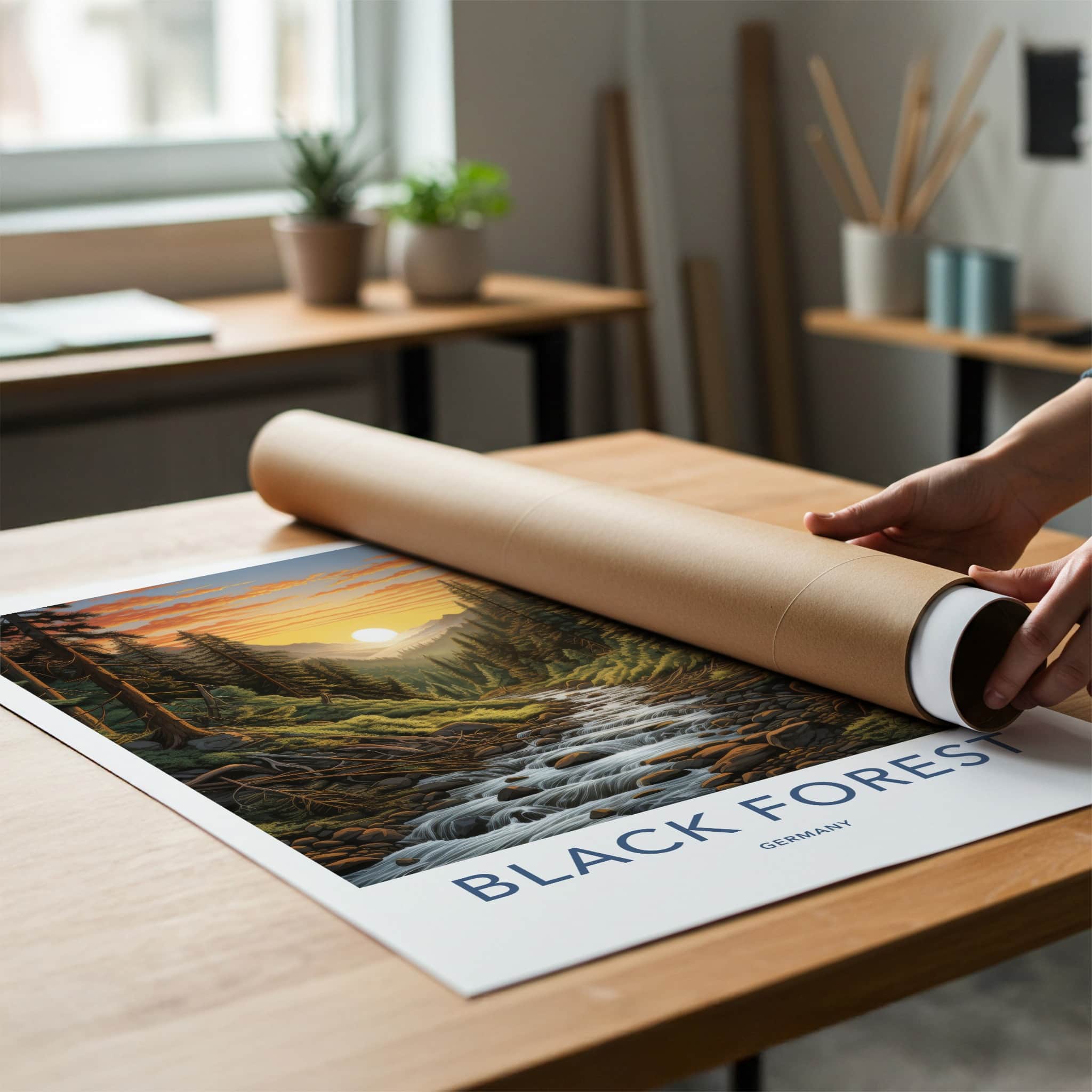 Black Forest Poster - Germany Travel Art - Forest River Sunset Home Decor