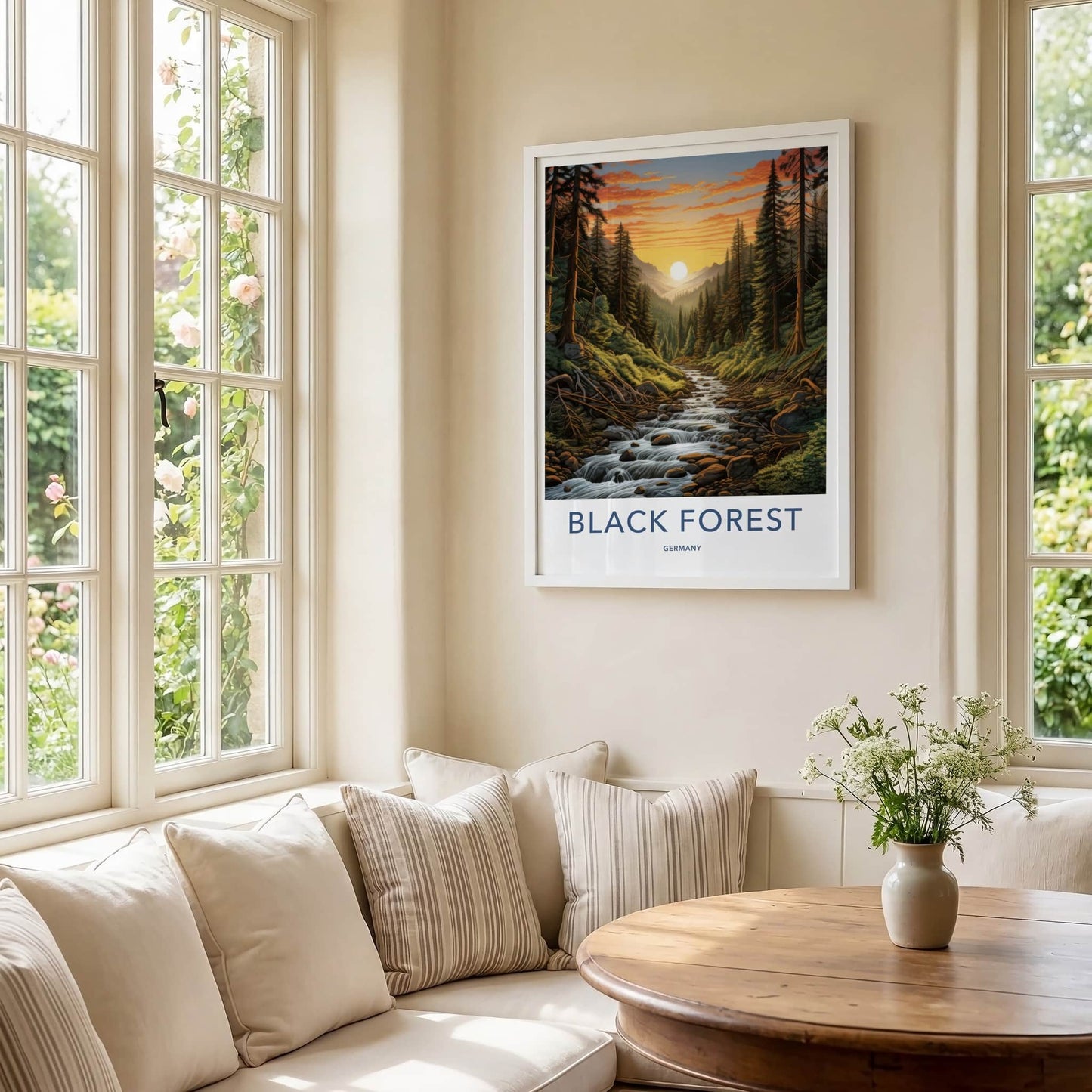 Black Forest Poster - Germany Travel Art - Forest River Sunset Home Decor