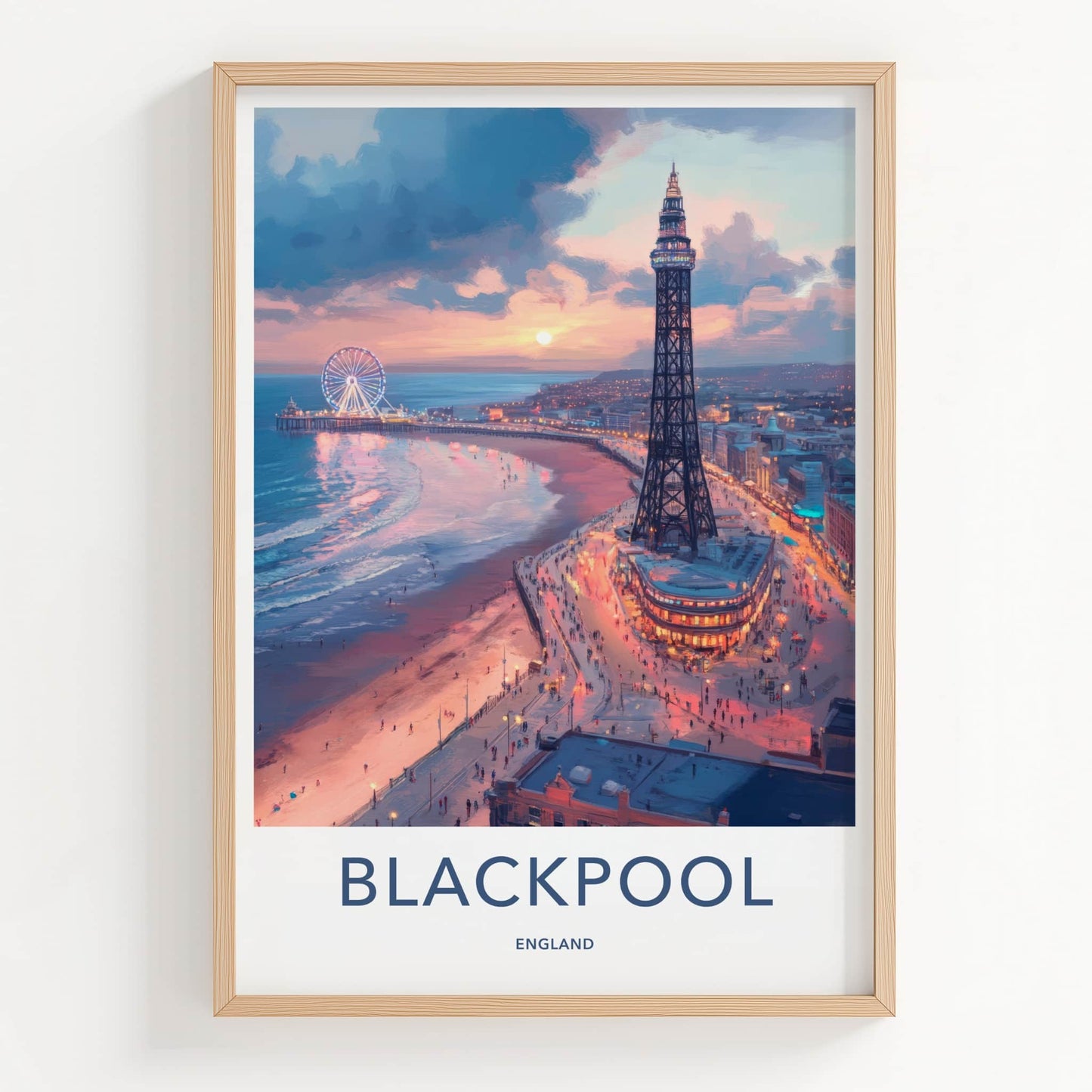 Blackpool Poster - England Art Print - Coastal Evening Scene Wall Decor