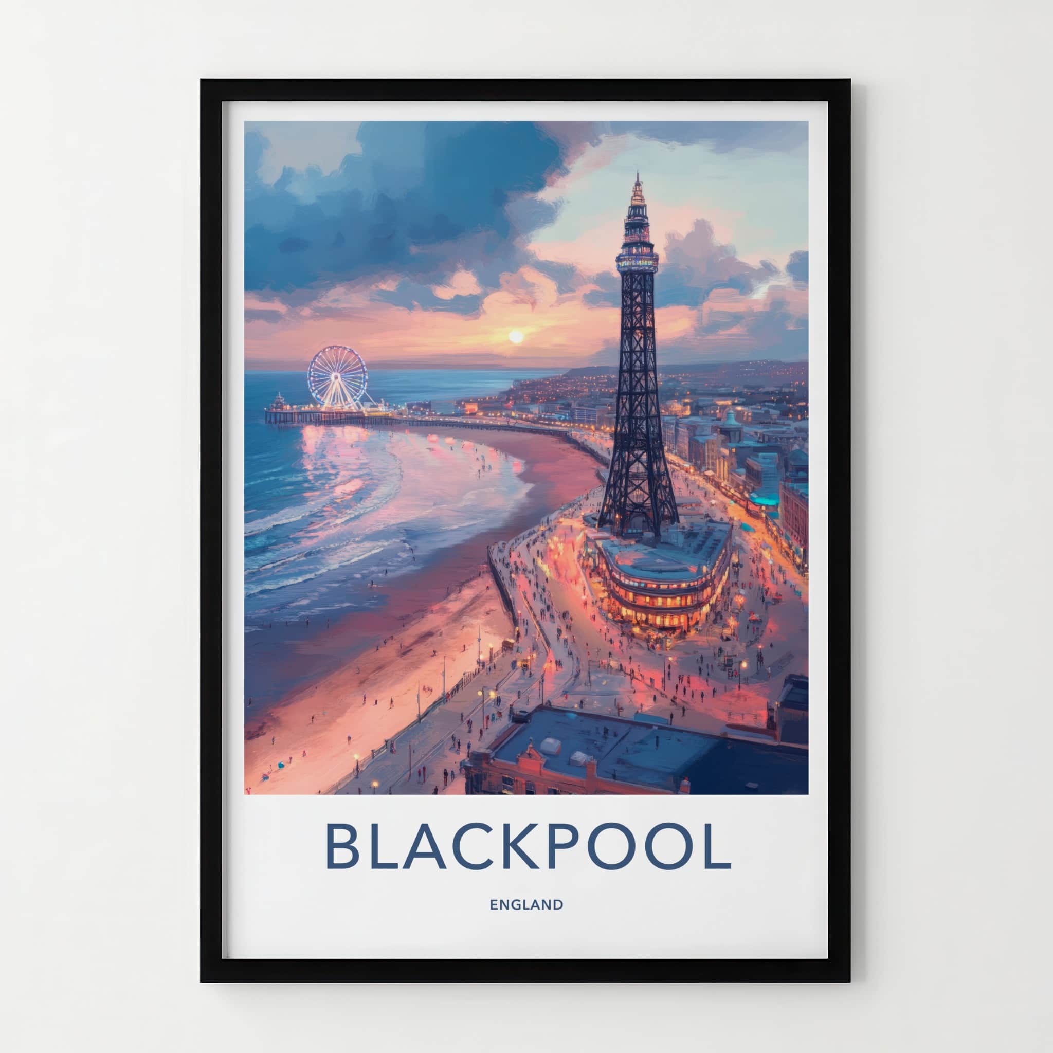Blackpool Poster - England Art Print - Coastal Evening Scene Wall Decor