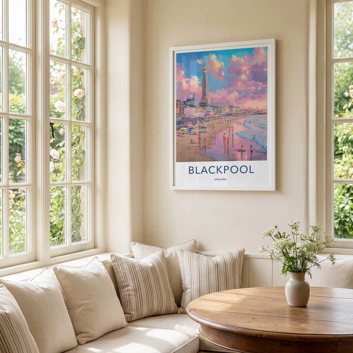 Blackpool Poster - England Travel Art - Beach Tower Fireworks Home Decor
