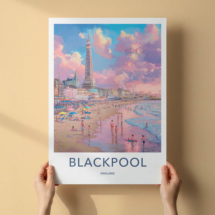 Blackpool Poster - England Travel Art - Beach Tower Fireworks Home Decor