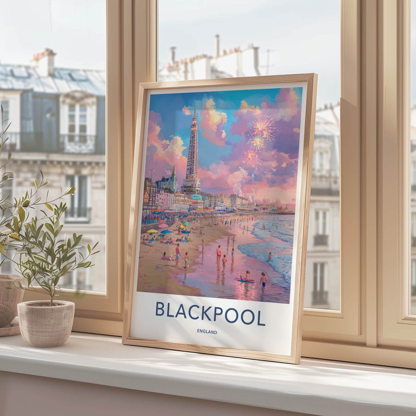 Blackpool Poster - England Travel Art - Beach Tower Fireworks Home Decor