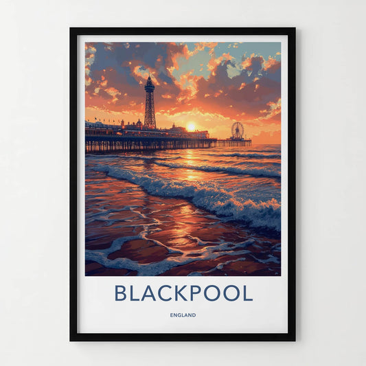 Blackpool Poster - England Travel Art - Coastal Pier Sunset Home Decor
