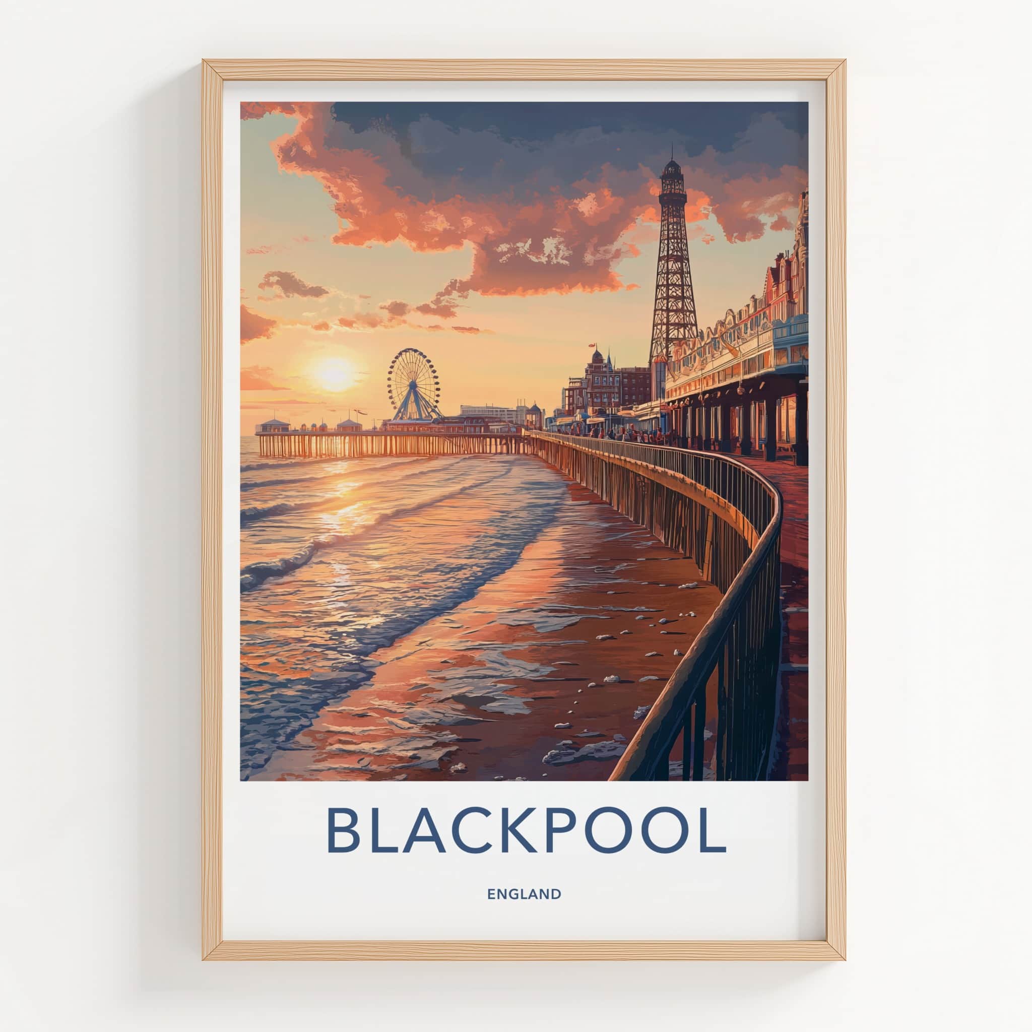 Blackpool Poster - England Travel Art - Golden Hour Boardwalk Home Decor