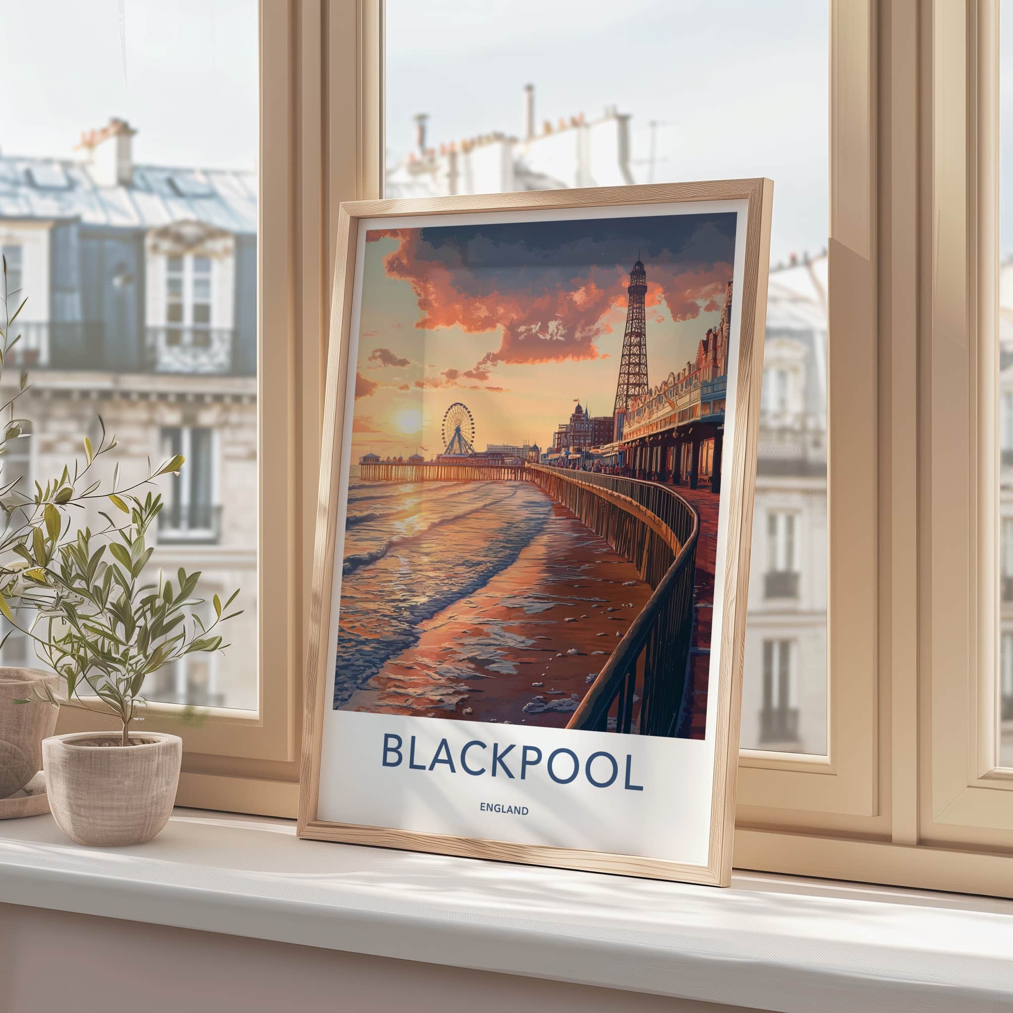 Blackpool Poster - England Travel Art - Golden Hour Boardwalk Home Decor
