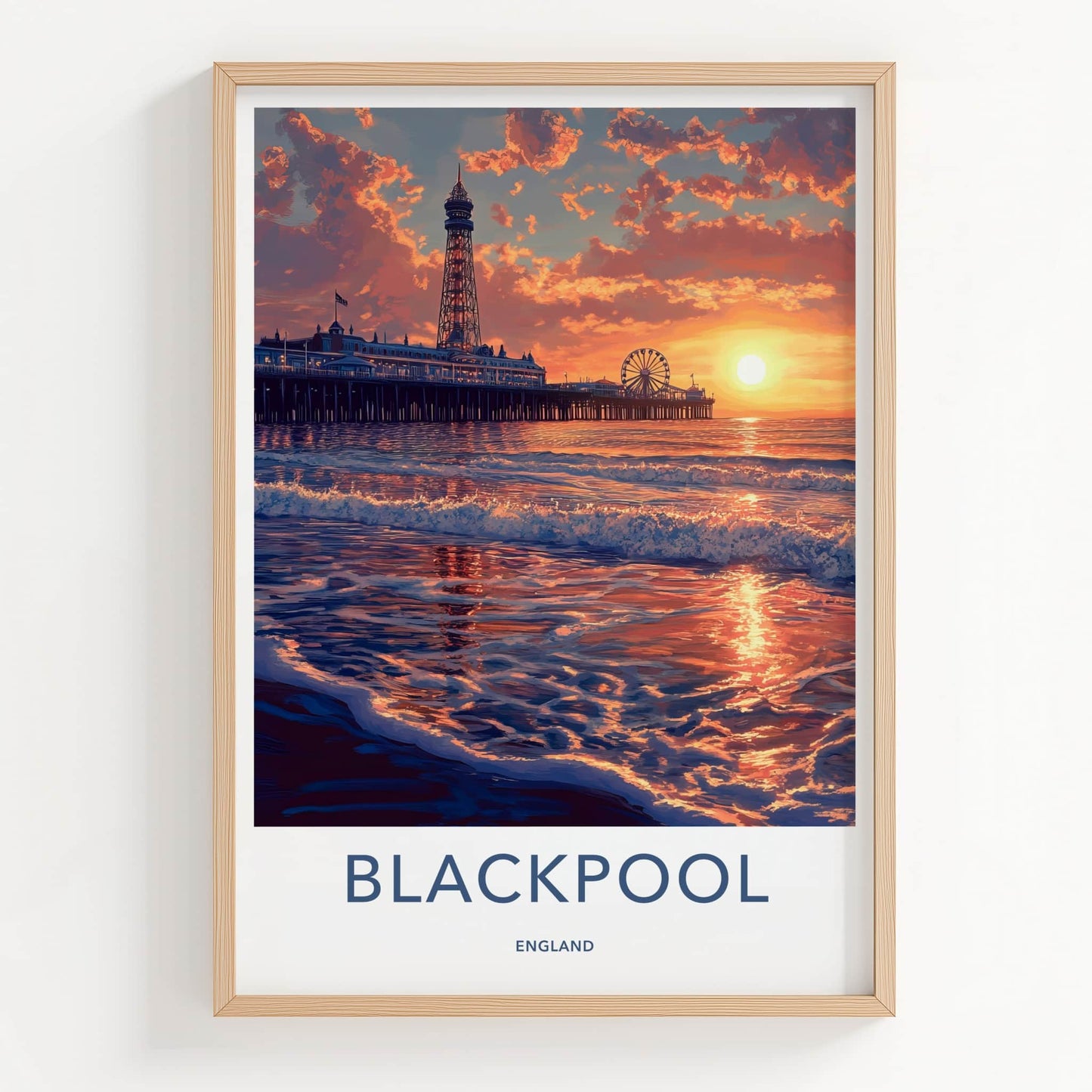 Blackpool Poster - England Travel Art - Orange Sky Waves Home Decor