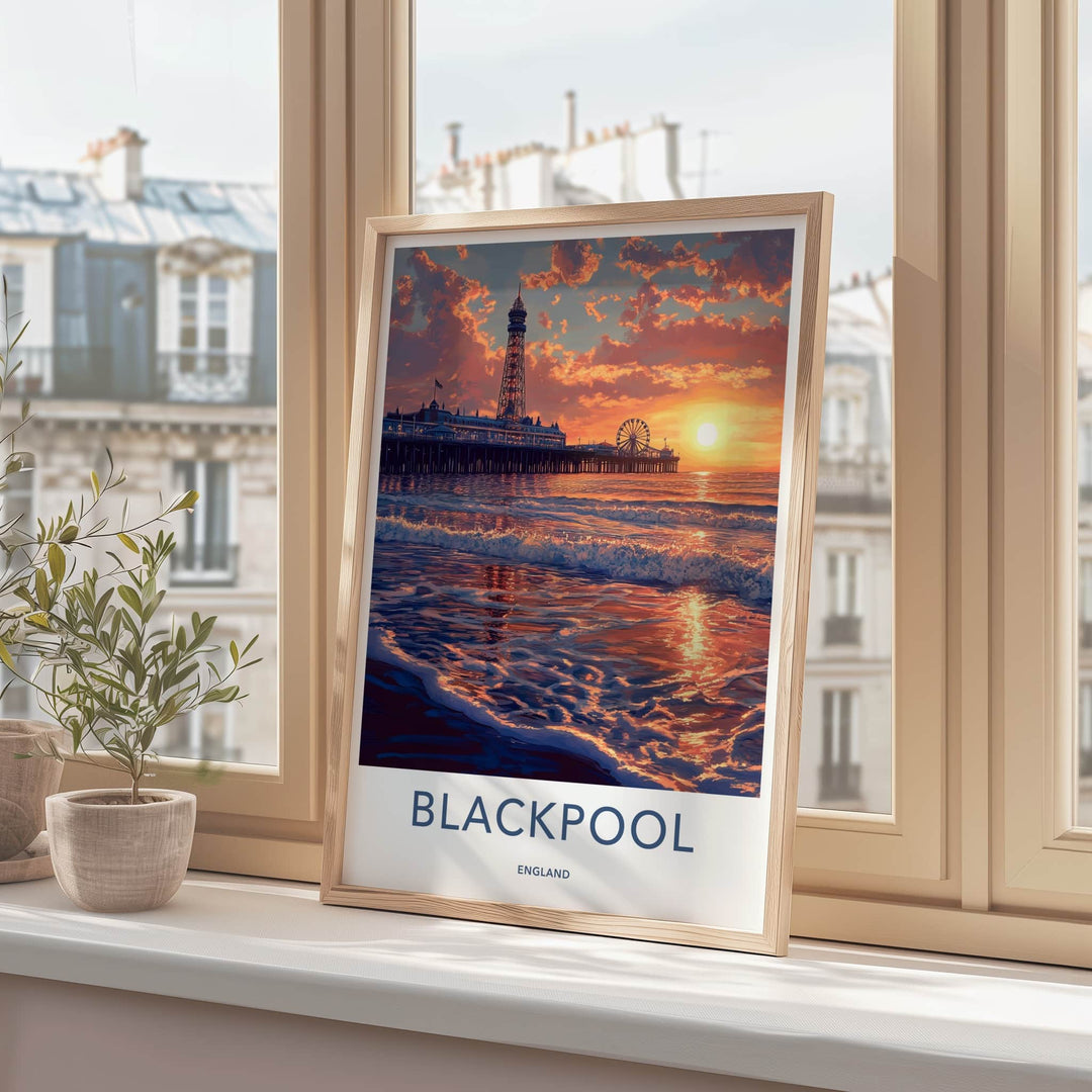 Blackpool Poster - England Travel Art - Orange Sky Waves Home Decor
