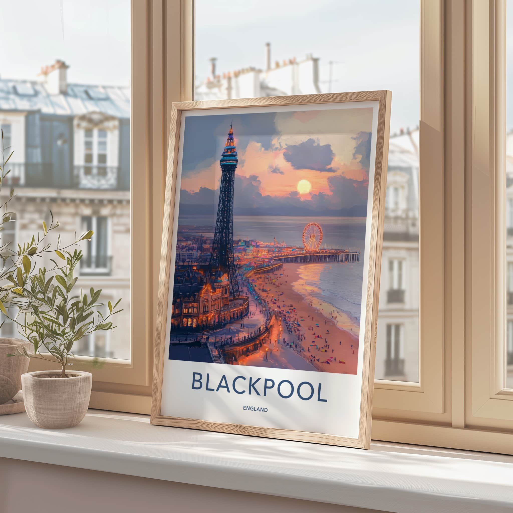 Blackpool Poster - England Travel Art - Pier Sunset Beach Home Decor