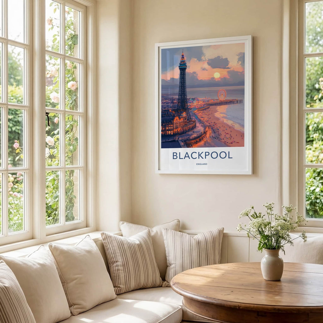 Blackpool Poster - England Travel Art - Pier Sunset Beach Home Decor
