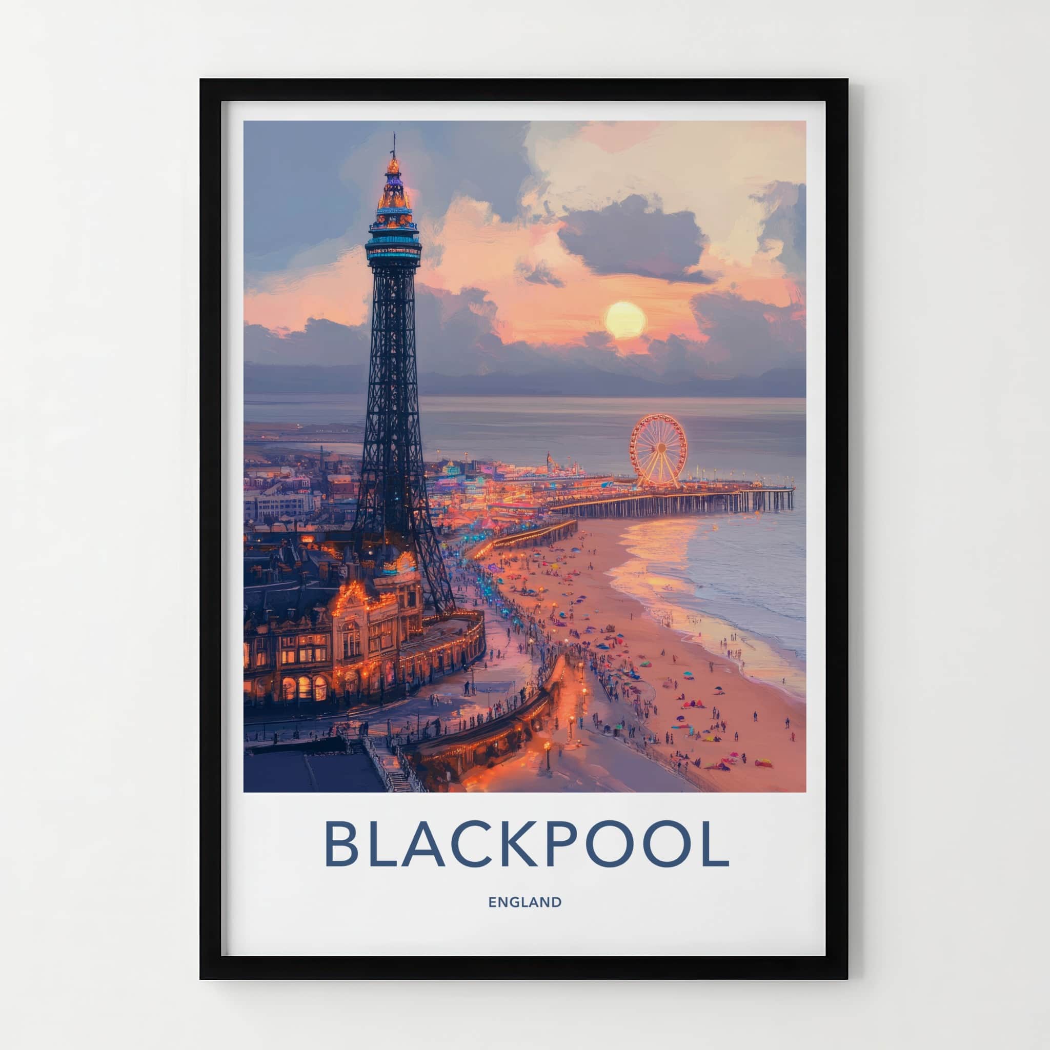 Blackpool Poster - England Travel Art - Pier Sunset Beach Home Decor