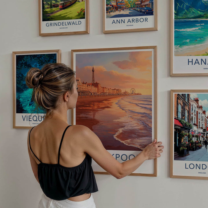 Blackpool Poster - England Travel Art - Sunset Beach Promenade Home Decor