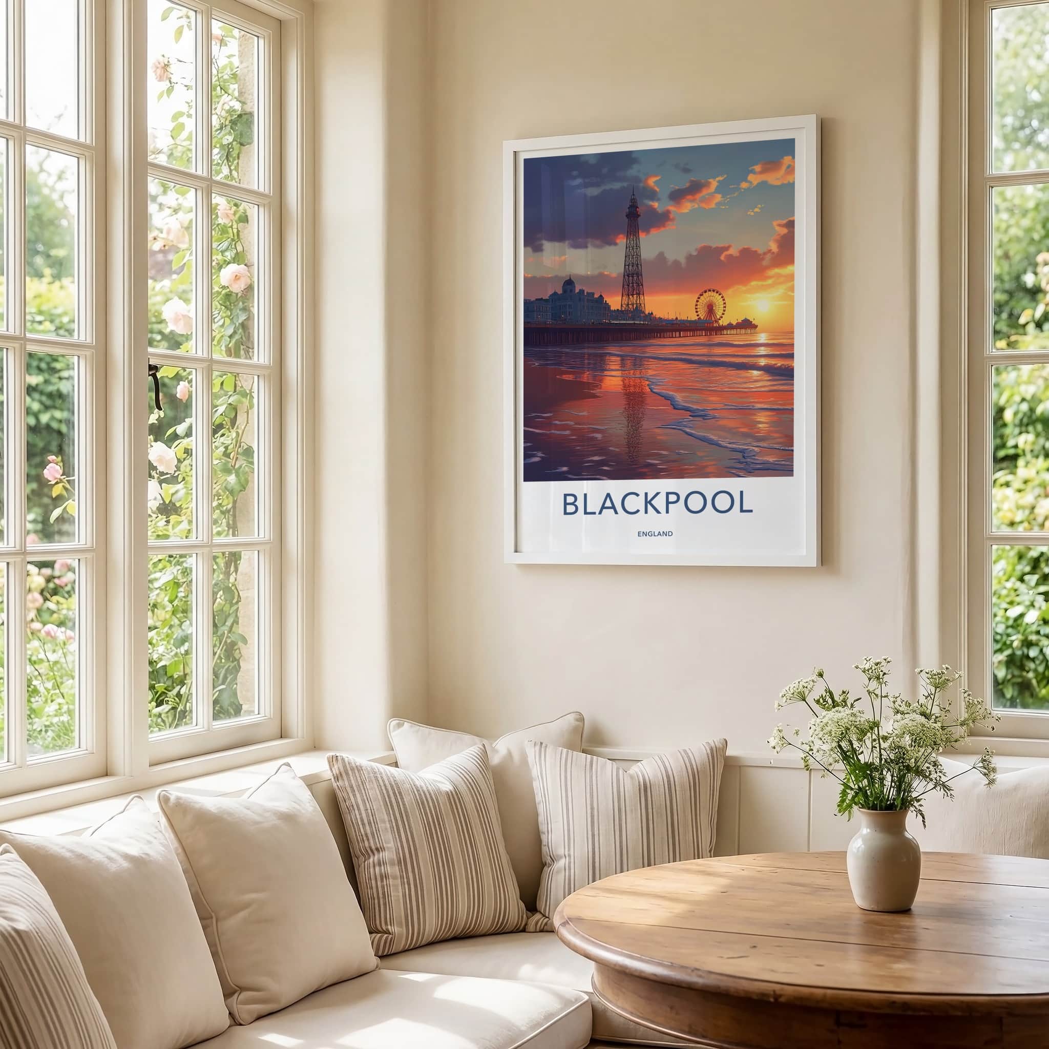 Blackpool Poster - England Travel Art - Sunset Pier Reflection Home Decor
