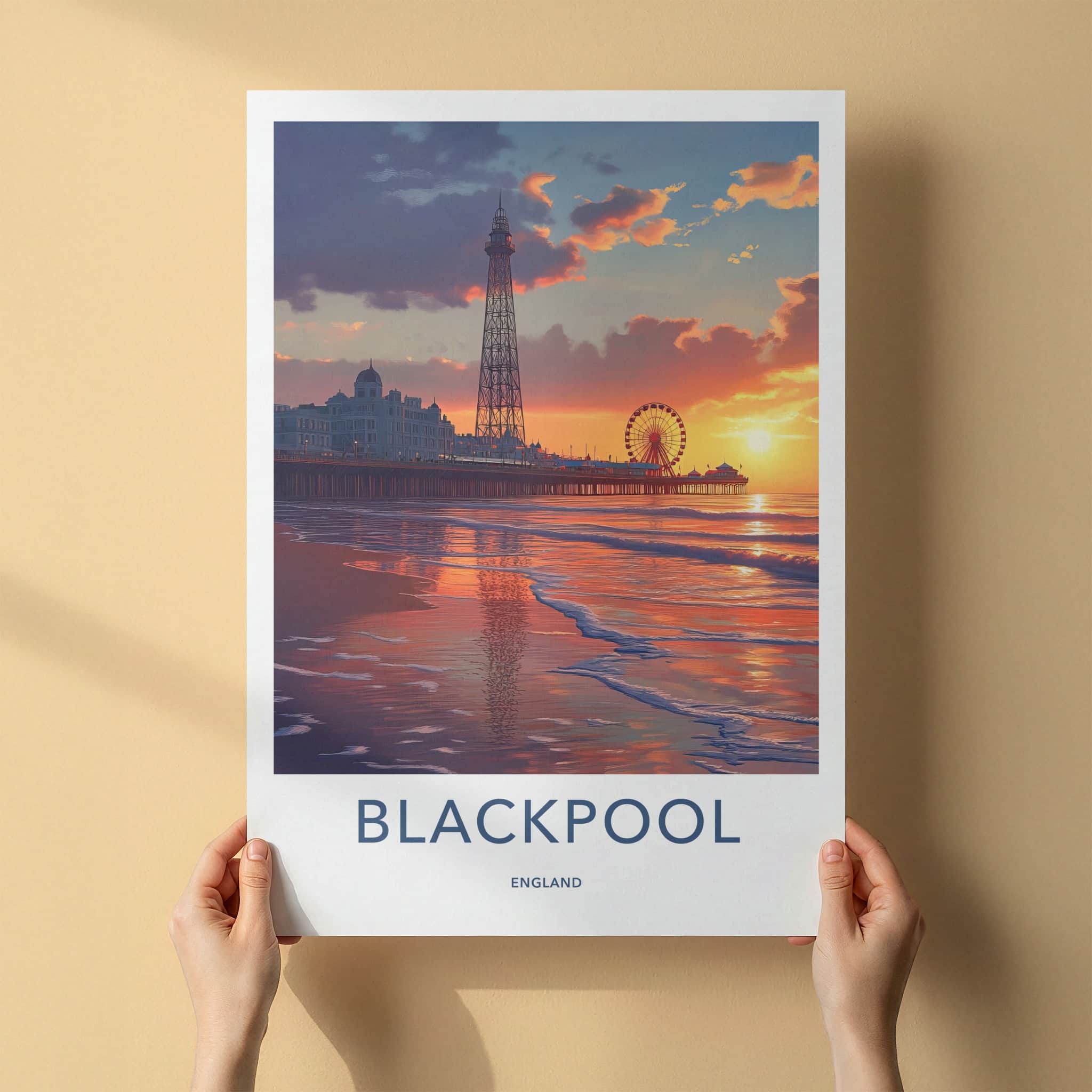 Blackpool Poster - England Travel Art - Sunset Pier Reflection Home Decor