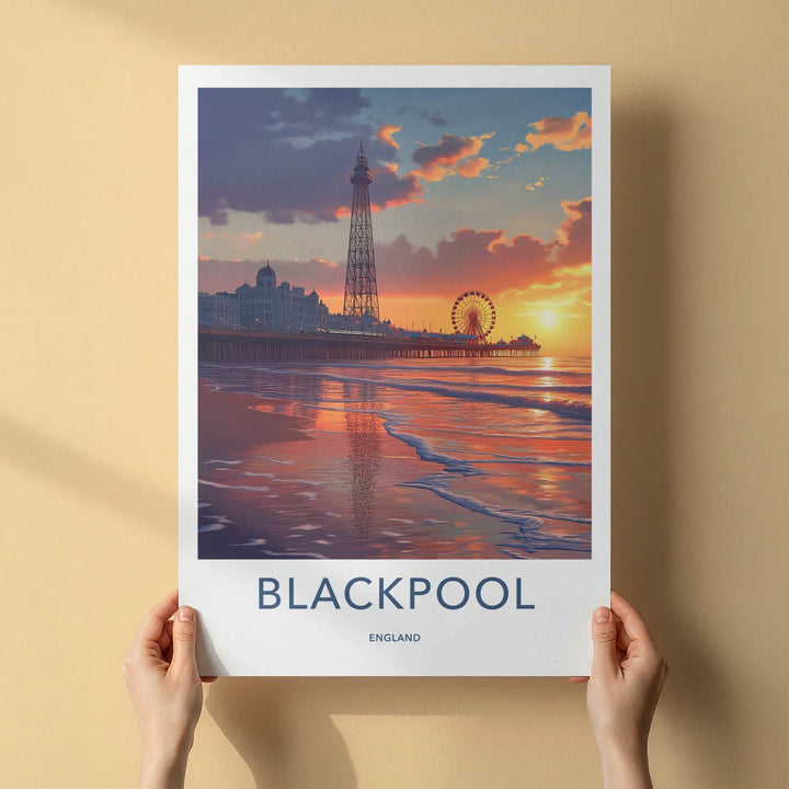 Blackpool Poster - England Travel Art - Sunset Pier Reflection Home Decor